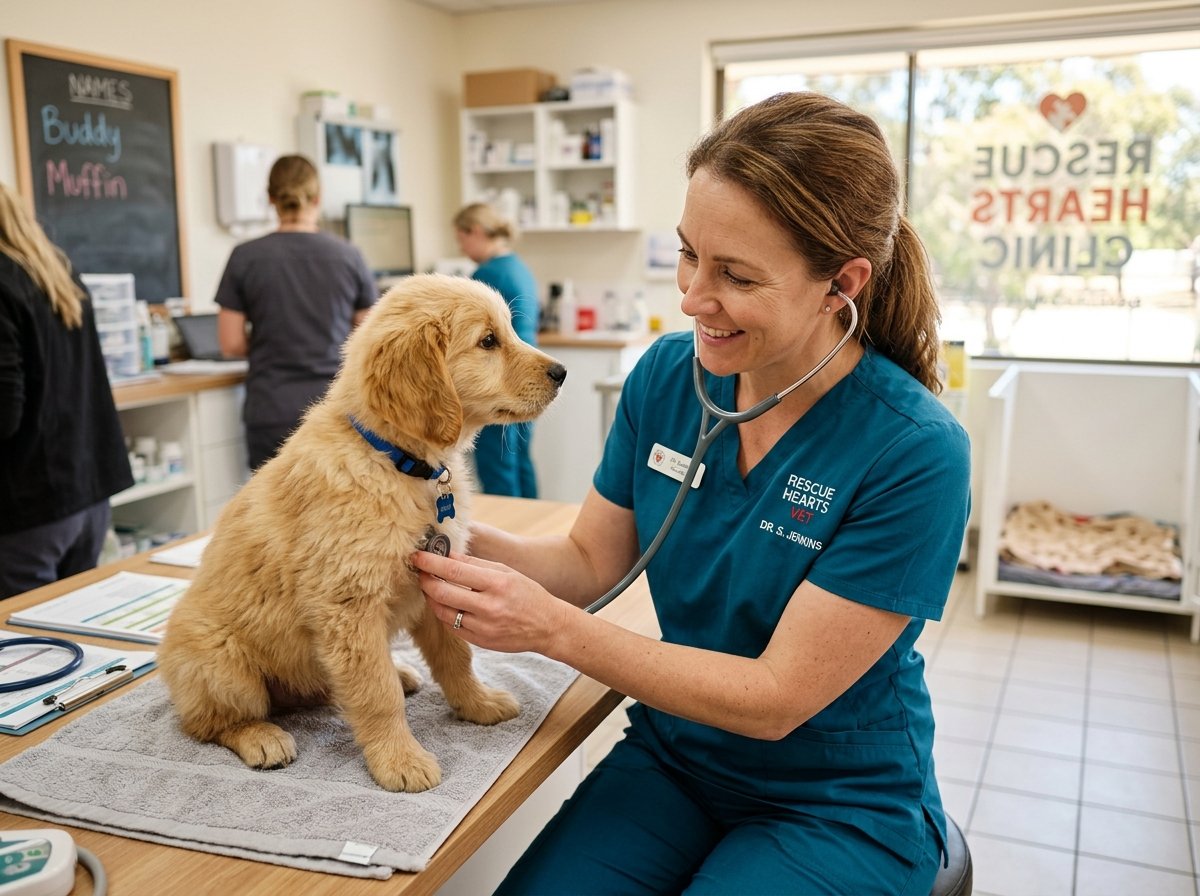 Veterinarian examining a small golden rescue puppy with stethoscope